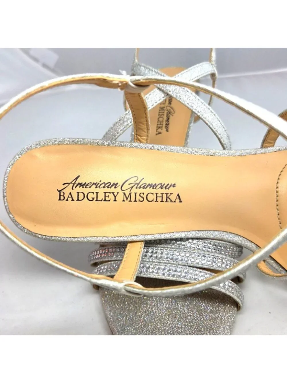 American Glamour by Badgley Mischka Silver Rhinestone Strappy Wedge Sandals 8